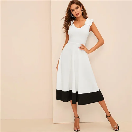 Black and White SHEIN Контрастное Платье С Молнией Сзади Женское Белое Элегантное Платье С V-Образным Вырезом И Без Рукавов - Цвет: Black and White