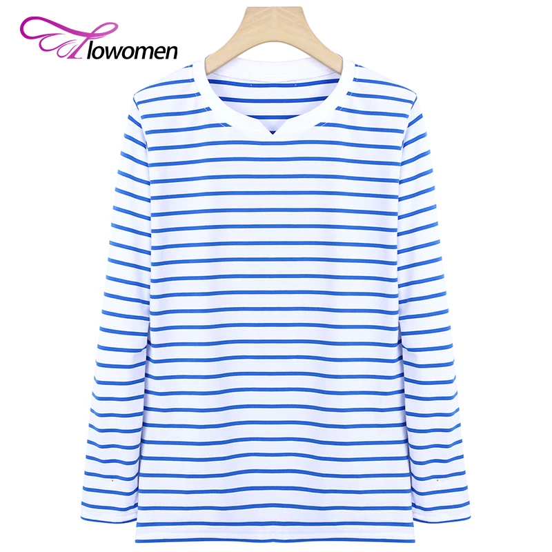 Flowomen футболка Для женщин с длинным рукавом 2018 полосатый рисунок круглым вырезом
