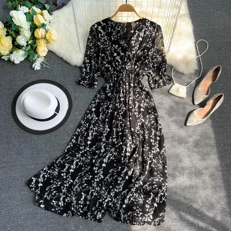 Шифоновое платье миди с цветочным принтом V образным вырезом и высокой талией|Женские платья| |