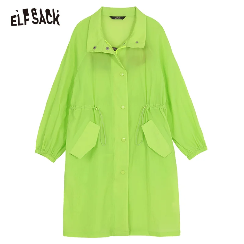 

ELFSACK 2019 Summer New Sun-Protective Trench Casual Letter Appliques Outerwear Female Fashion Korean Solid Coat Clothing