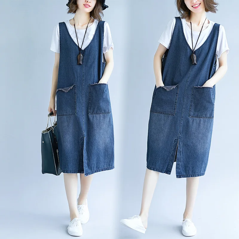 

New Summer Style Women Dresses Plus Size Fashion Casual Loose V-Neck Front Slit Vest Jeans Dress For Women Denim Large One-Piece