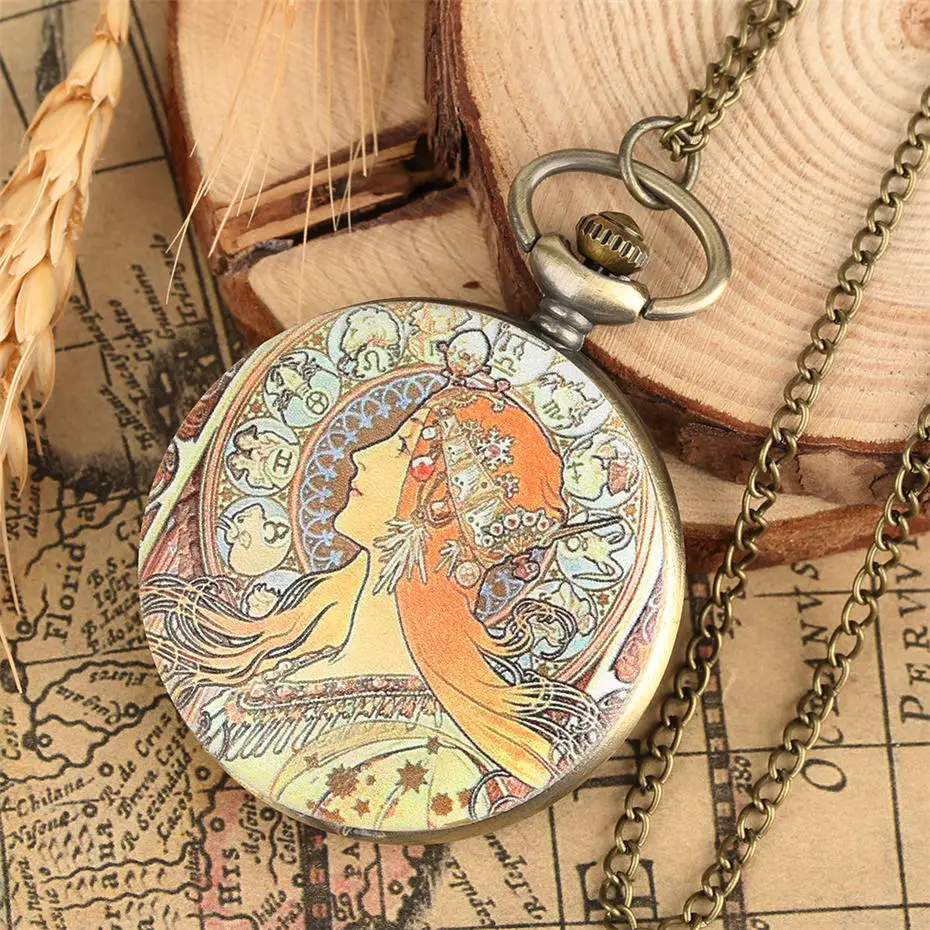 Классические часы Mucha's Work Beauty Pattern кварцевые карманные ожерелье кулон