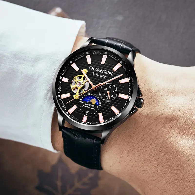 GUANQIN 2019 New Watch men Automatic Mechanical clock Luminous waterproof leather rose gold skeleton business Men Wrist watches | Наручные