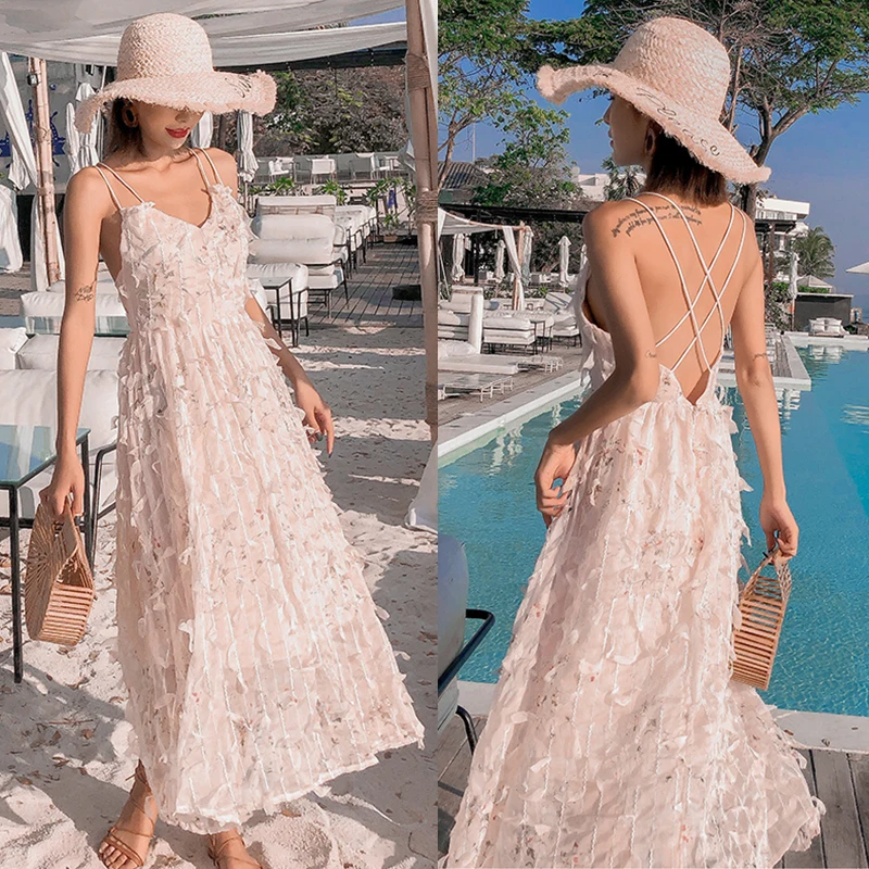 Женское богемное платье макси на бретельках с открытой спиной Пляжное длинное
