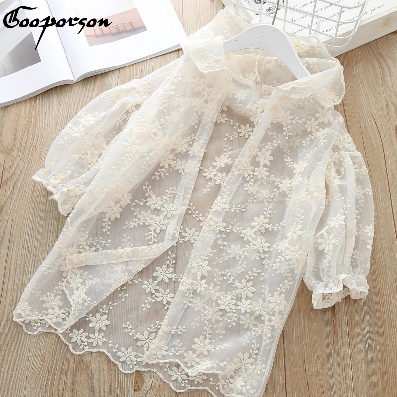 Летняя верхняя одежда для девочек кардиган с цветочным кружевом и длинными
