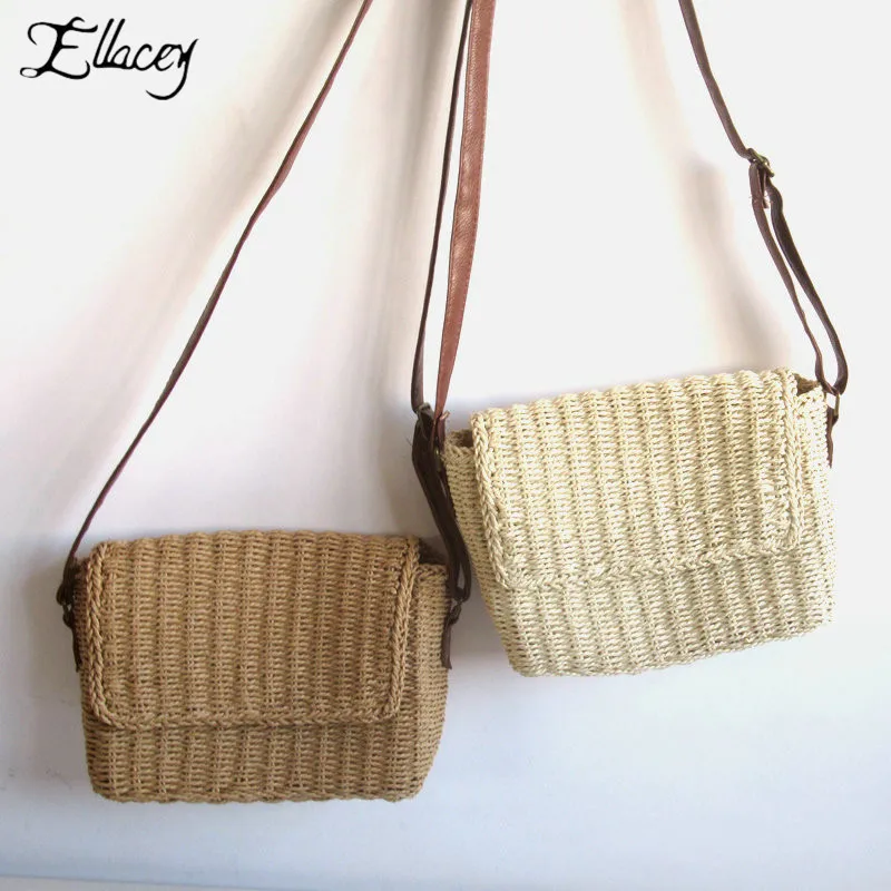 Женская сумка на плечо бежевая коричневая ручная работа соломенная мини-сумка