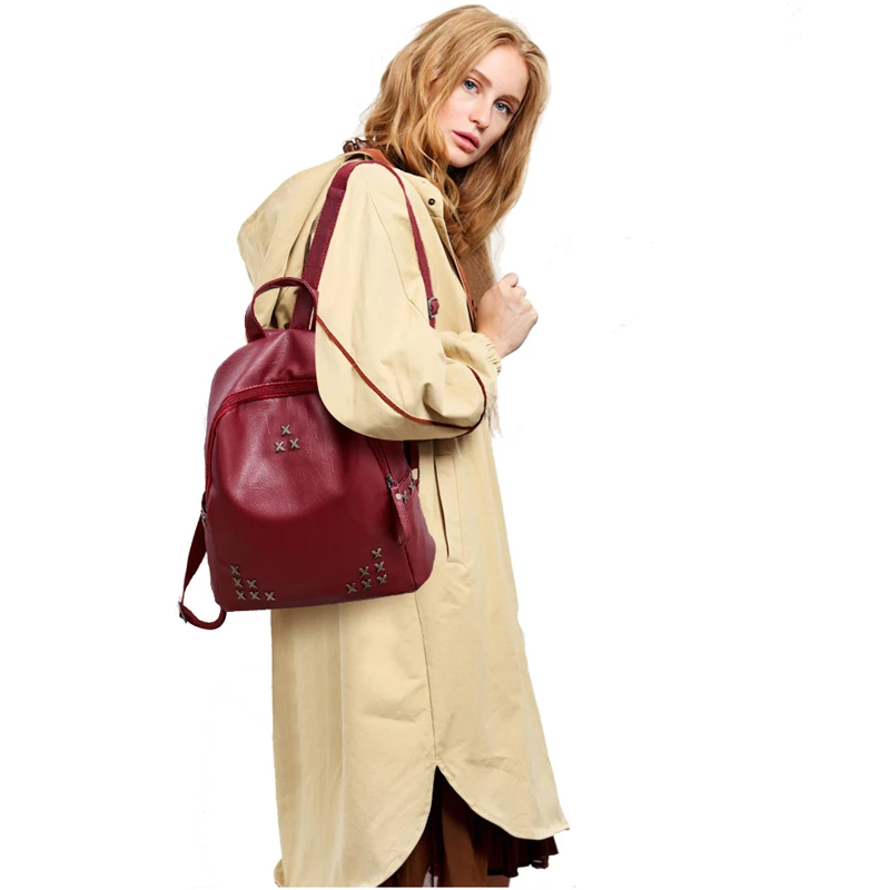Fashion PU Leather Ladies Backpack New Students School Bags Black Red Rivets Travel Big for Teenagers | Багаж и сумки