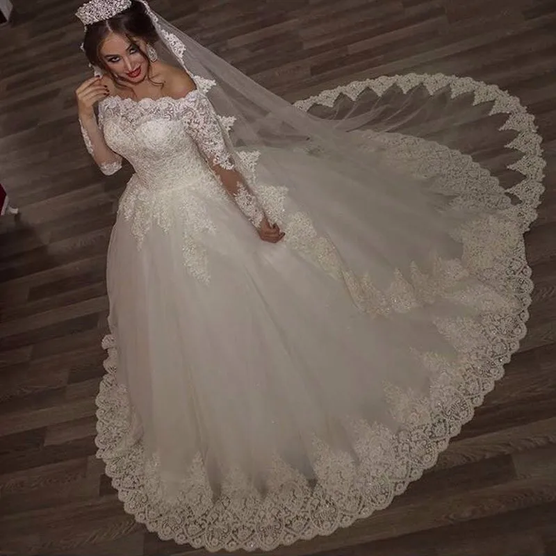 

Off-the-Shoulder Wedding Dresses Boat Neck 2019 Appliqued Tulle Bride Dress Long Sleeve vestidos de casamento