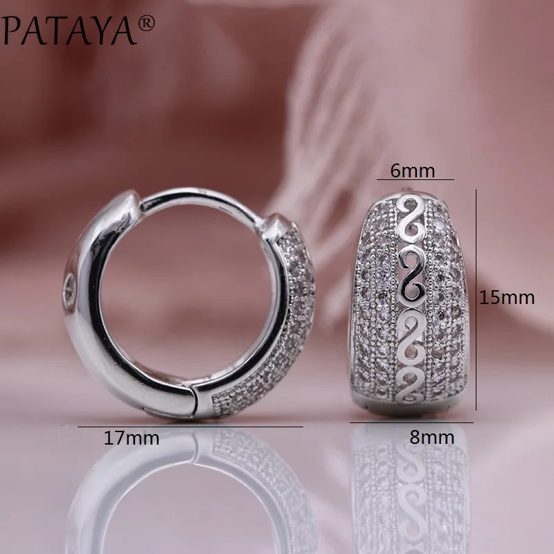 PATAYA New Natural Zircon Hollow Dangle Earrings Women Fine Noble Fashion Jewelry White Gold Wedding Party Round Unique Earrings
