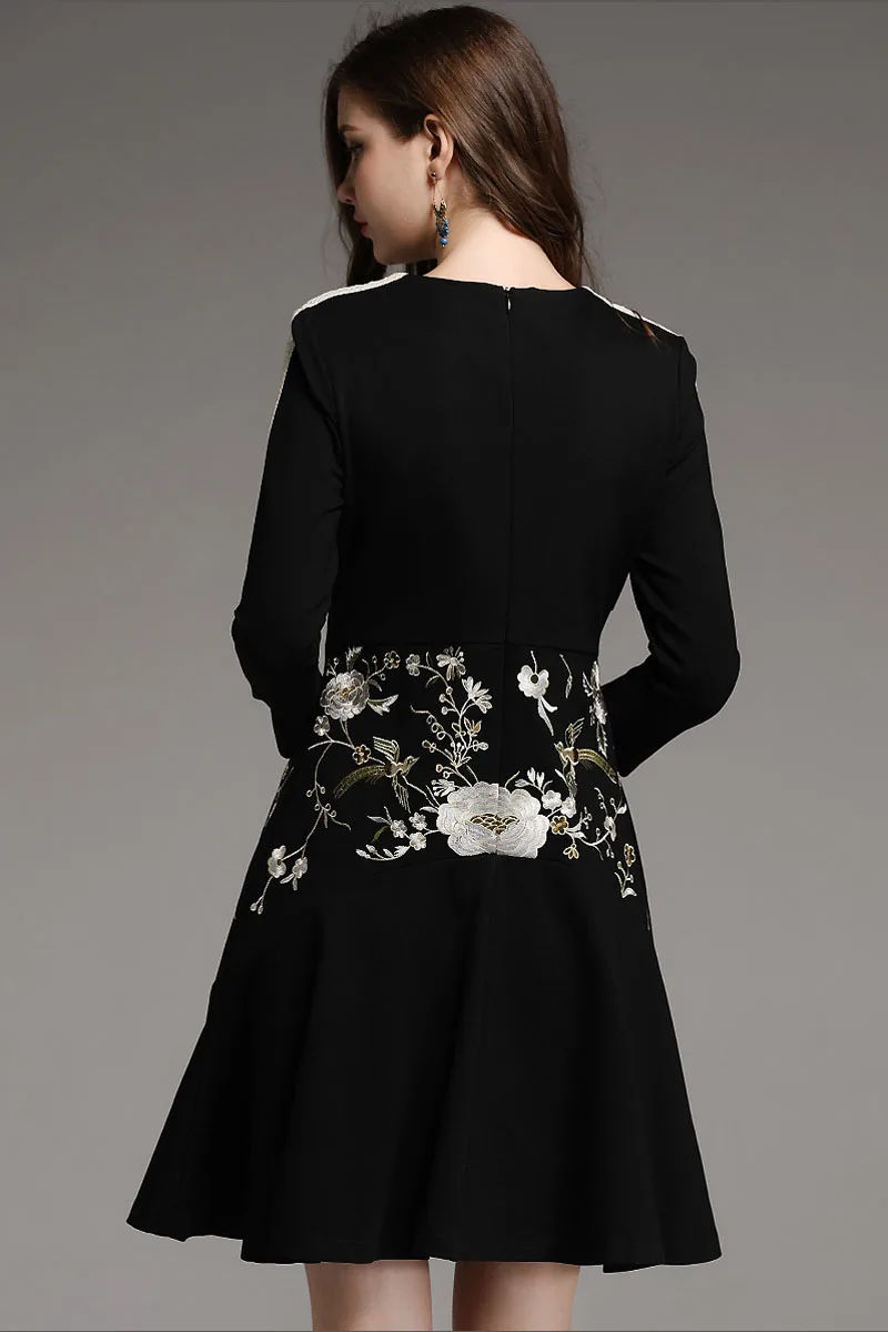 Осенние женские китайский стиль floral midi красный/черное платье Вышивка платья