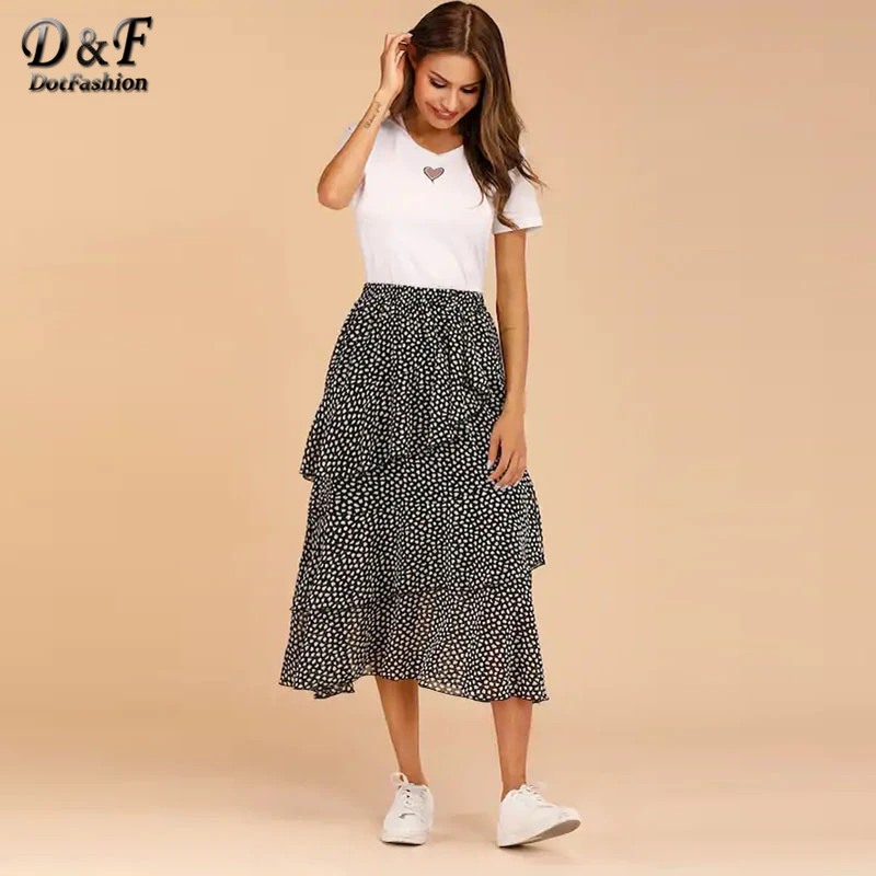 Dotfashion черно-белая многослойная юбка с принтом для женщин Лето Бохо весна Дамская мода трапециевидная Юбка со средней талией