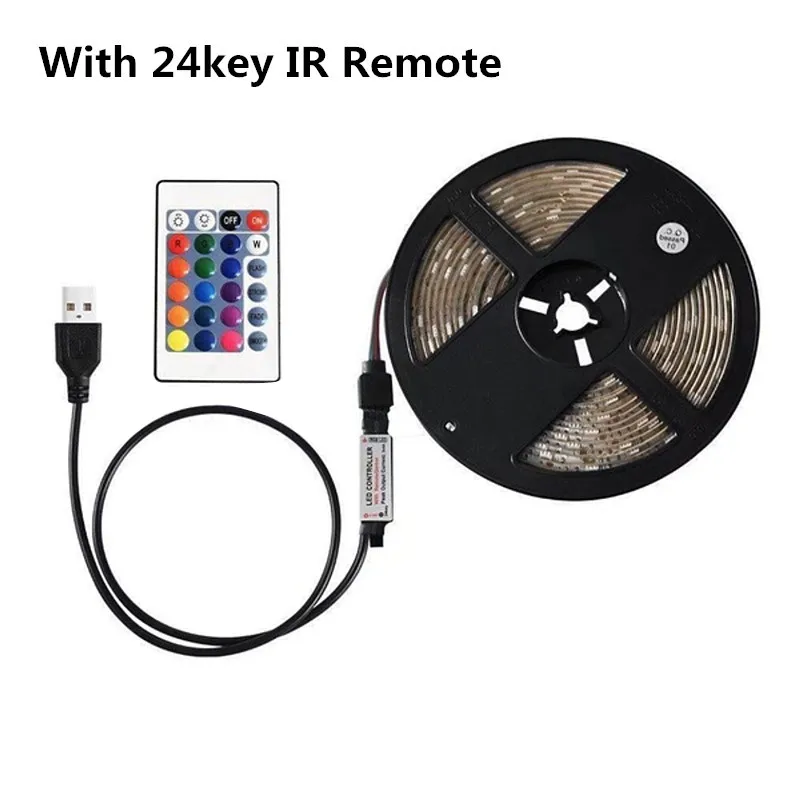 RGB With 24key IR 5 в Светодиодная лента светильник USB DC5V ТВ фоновый светильник ing SMD 3528 0,5 1 2 3 м с ИК-пультом дистанционного управления для настольного ПК лампа лента Диодная лента - Испускаемый цвет: RGB With 24key IR