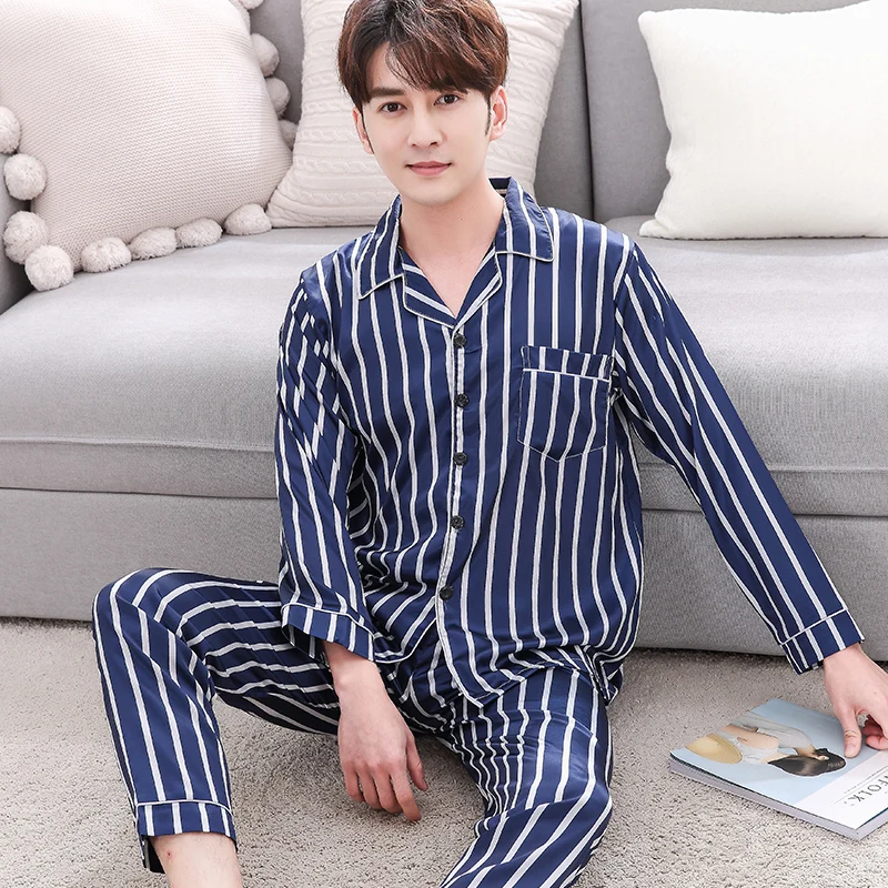 2019 Spring Striped Men's Pajamas Long Sleeve 2 Pcs Home Suit Male Satin Nightwear Silk Casual Sleepwear Pyjama Homme 3XL | Мужская