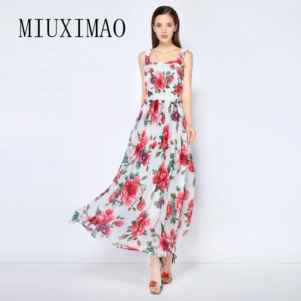 

MIUXIMAO 2023 Summer Holiday Dress Square Collar Sleeveless Spaghetti Strap Ruffles Elegant Print Long Dress Women Vestides