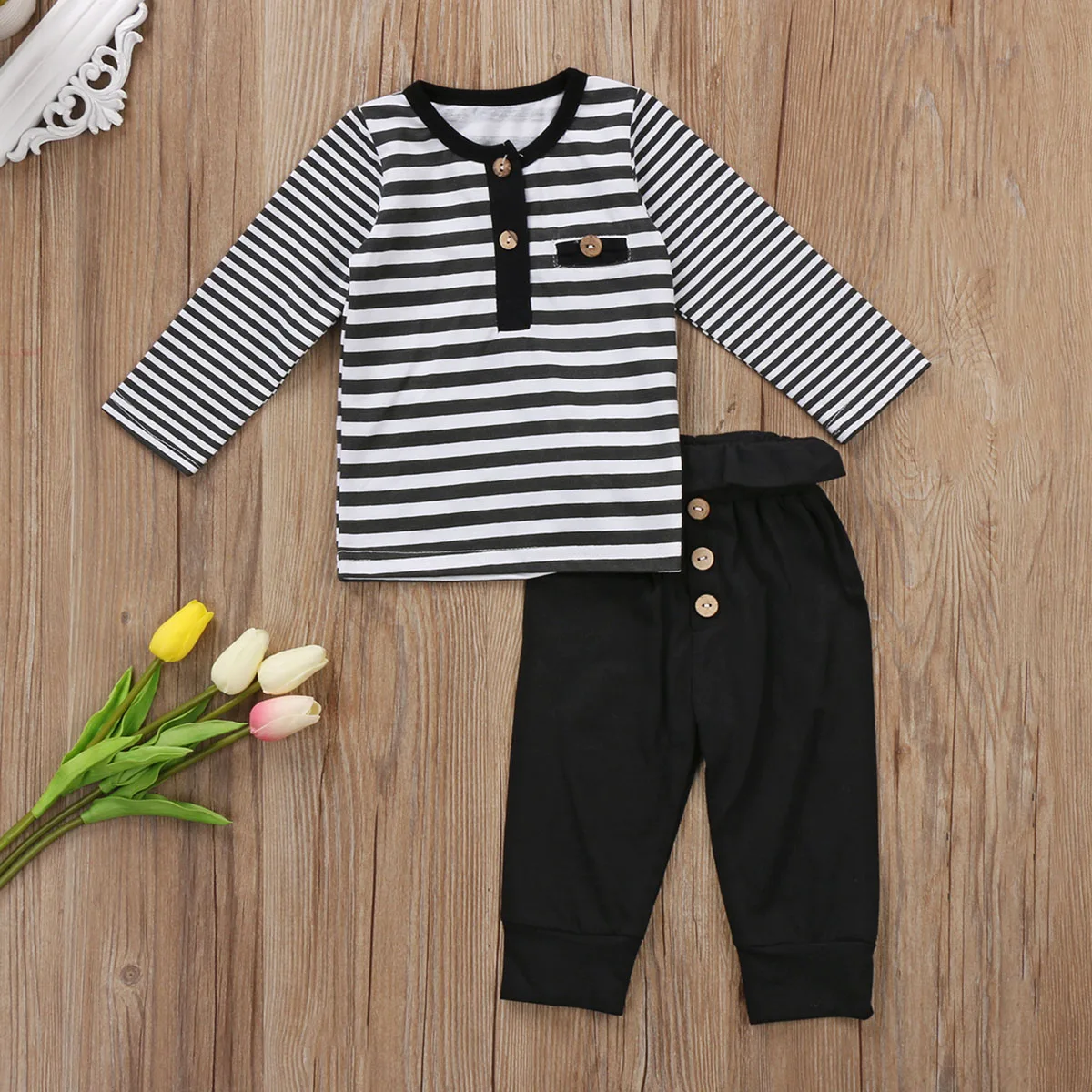 2017 Cute 2PCS Newborn Kids Baby girl T-shirt Striped Tops+Long Black Button Pants Outfits Gray Set Casual Tracksuit 0-24M |