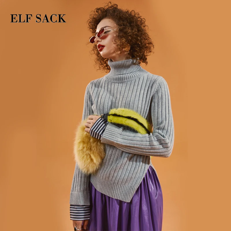 ELFSACK новинка зимний женский свитер хлопок Повседневный водолазка однотонный