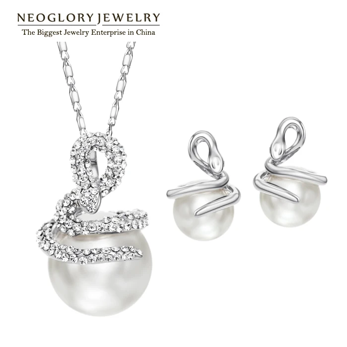 Platinum Plated 1 Neoglory стразы, имитация жемчуга, ювелирный набор, светильник, желтое золото, ожерелья, серьги, змея, мода - Окраска металла: Platinum Plated 1