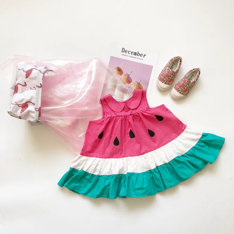 Летнее платье с рисунком арбуза для девочек милые Лоскутные оборки детская