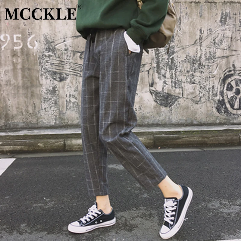 Женские клетчатые шаровары с высокой талией свободные брюки до щиколотки