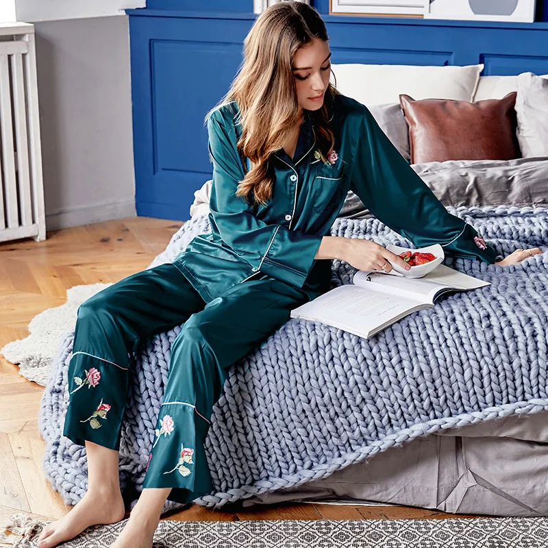 Xifenni Silk Pajama Sets Female Spring Summer New Faux SILK Sleepwear Woman Rose Flower Long-Sleeve Nightwear 2-Pieces X9102