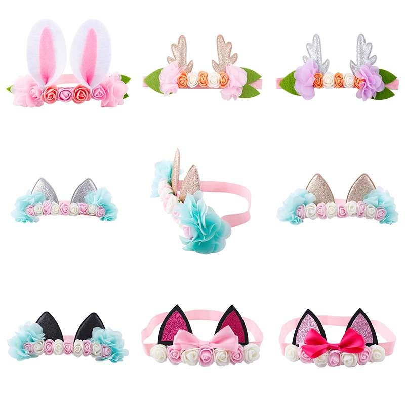 Повязка на голову с рогами кроликом/кошачьими ушками повязки Цветочная корона