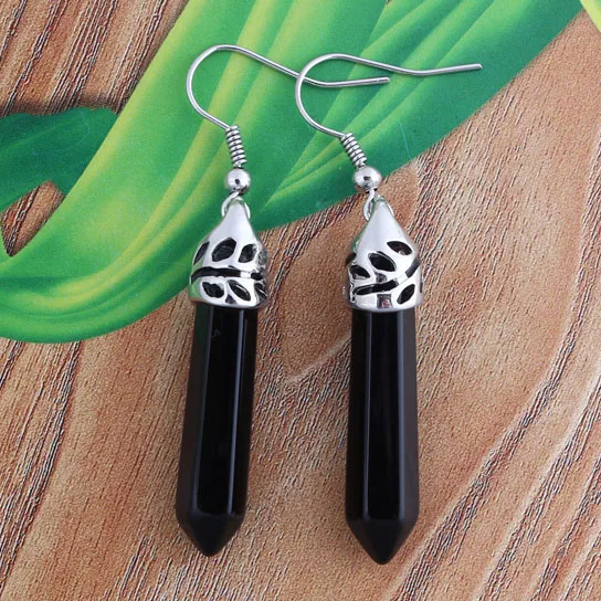 Black Agate Крафт-бусины Модные посеребренные Мульти Стиль Кварцевый Камень шестигранная колонна кварцевые серьги дизайн ювелирных изделий - Окраска металла: Black Agate
