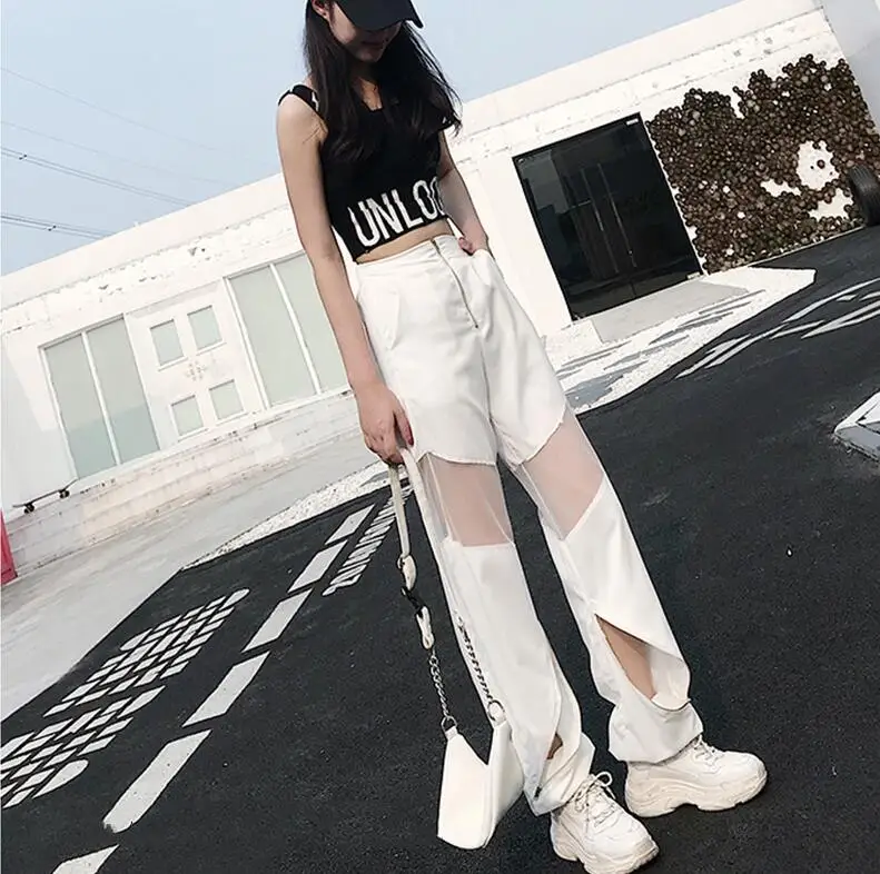 Белый Mesh Loose Stitching Pants White Loose Harajuku BF Cargo Pants Summer Hollow Out women high waist pants joggers baggy trousers - Цвет: Белый