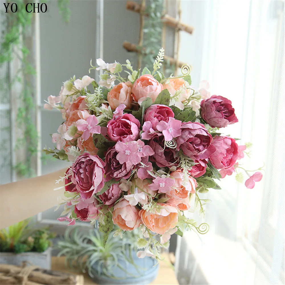 

YO CHO Artificial Flowers Peony Bouquet Pink Rose Red Silk Bridal White Peony Bouquet Wedding Flowers Home Party Decoration Rose