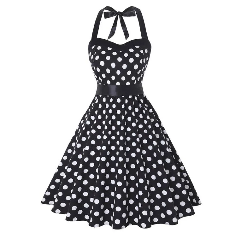 Женское винтажное платье в горошек черное стиле Одри Хепберн с цветочным принтом