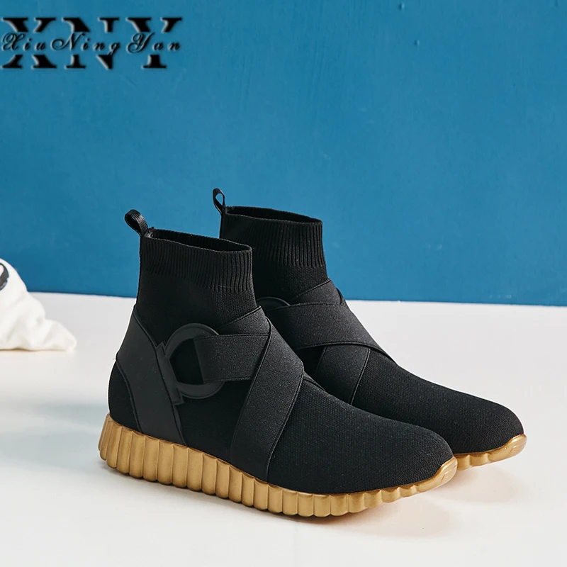 XiuningyanI 2019 Fashion Women Ankle Boot Stretch Fabric Short Socks Boots Booties Brand Shoes Casual Flat Platform Black | Обувь