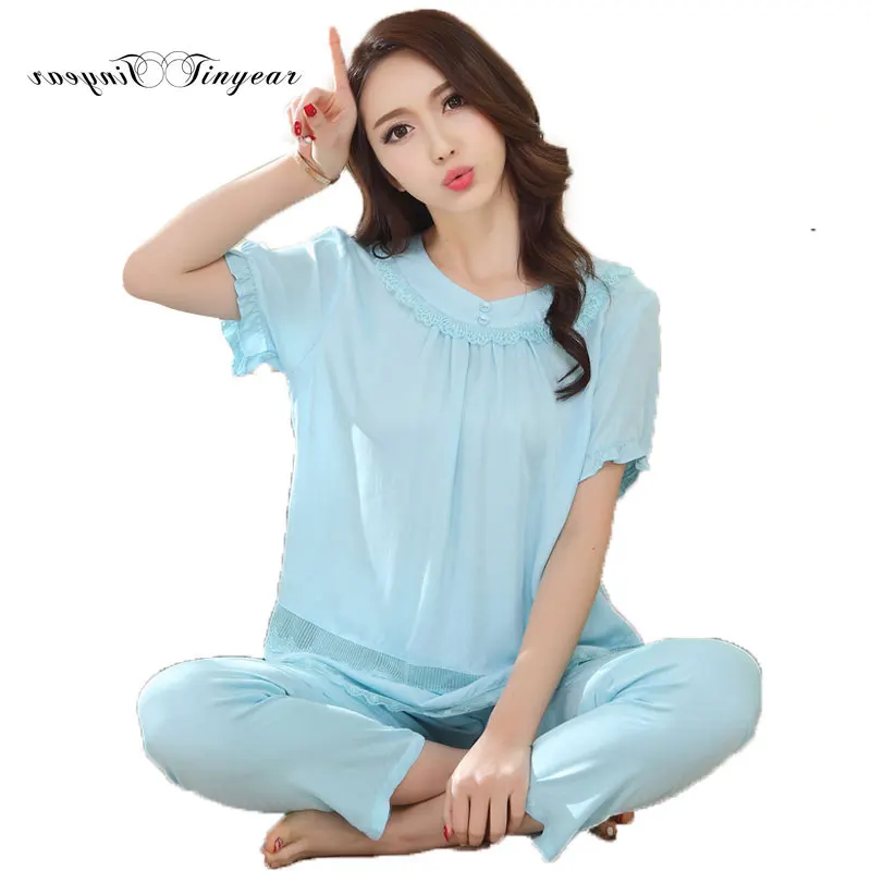 Sexy fashion cotton womens pajama embroidery floral round neck short sleeve large size sets homewear 3 colors | Женская одежда