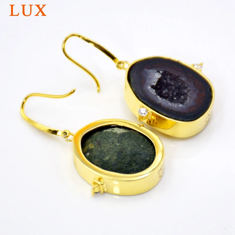 Мини Табаско Geode висячие серьги блестящие черные Druzy Geodes Позолоченные ободки из стерлингового серебра 925 пробы инкрустированный цирконами