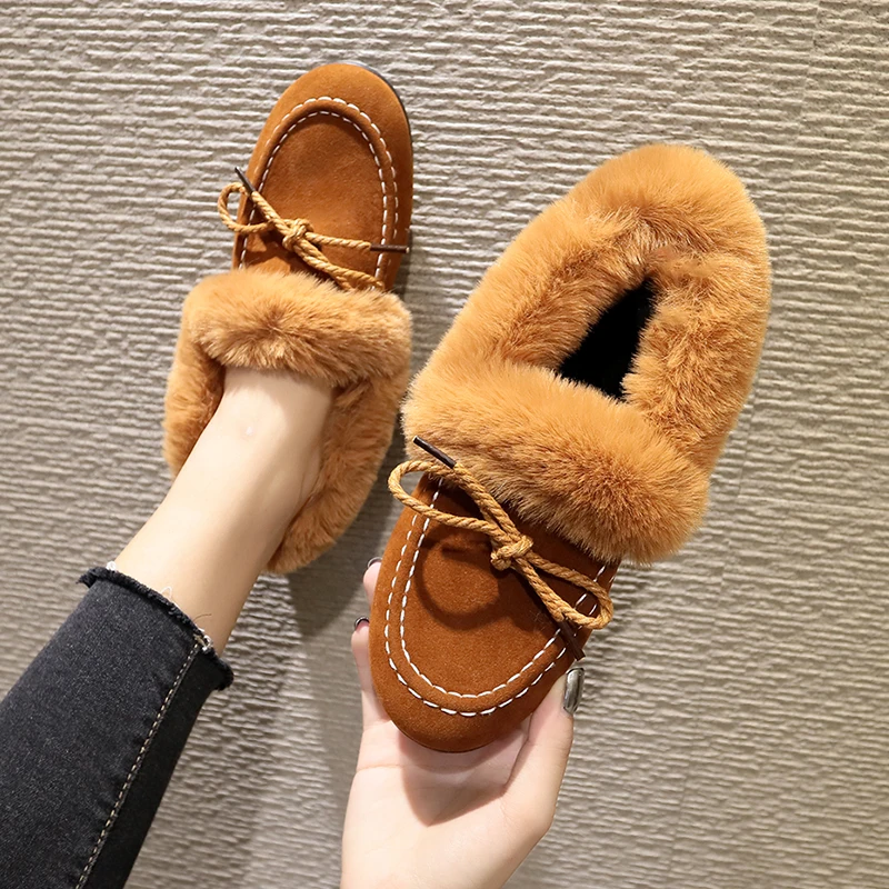 Women's Flats Fall Winter 2019 Fashion Fleece Faux Fur Loafers Black Brown Grey with Lace Bow Female Shoes | Обувь