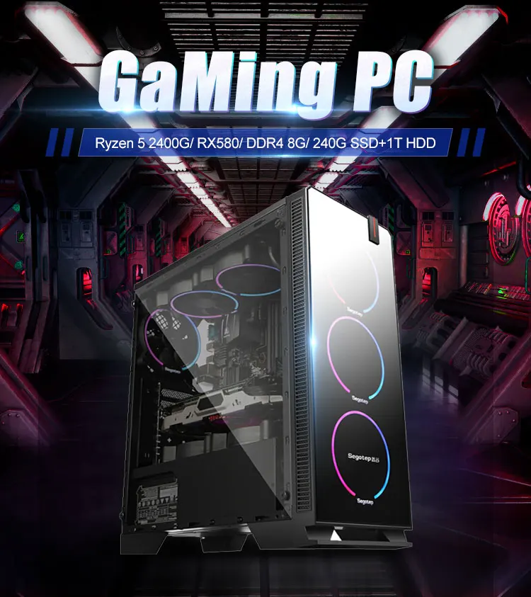 IPASON дешевый игровой пк AMD Ryzen5 2400G/B450M/ASUS RX580 8G Дискретная карта DDR4 16G ram 1T+ 240GSSD настольный компьютер
