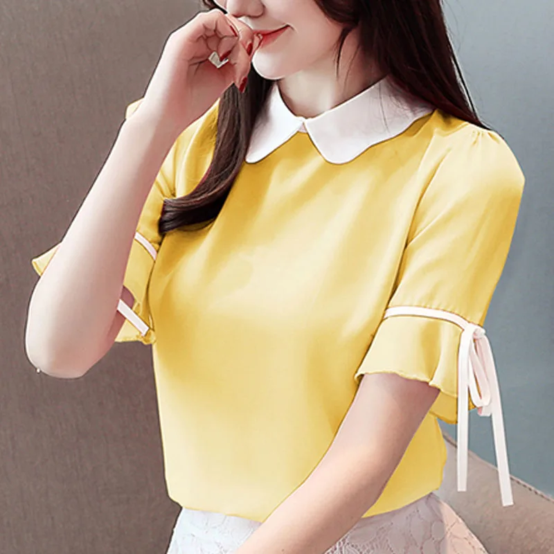 

blouses woman 2021 short sleeve chiffon blouse women shirts summer women blouses sweet Doll collar solid blouse women 3463 50