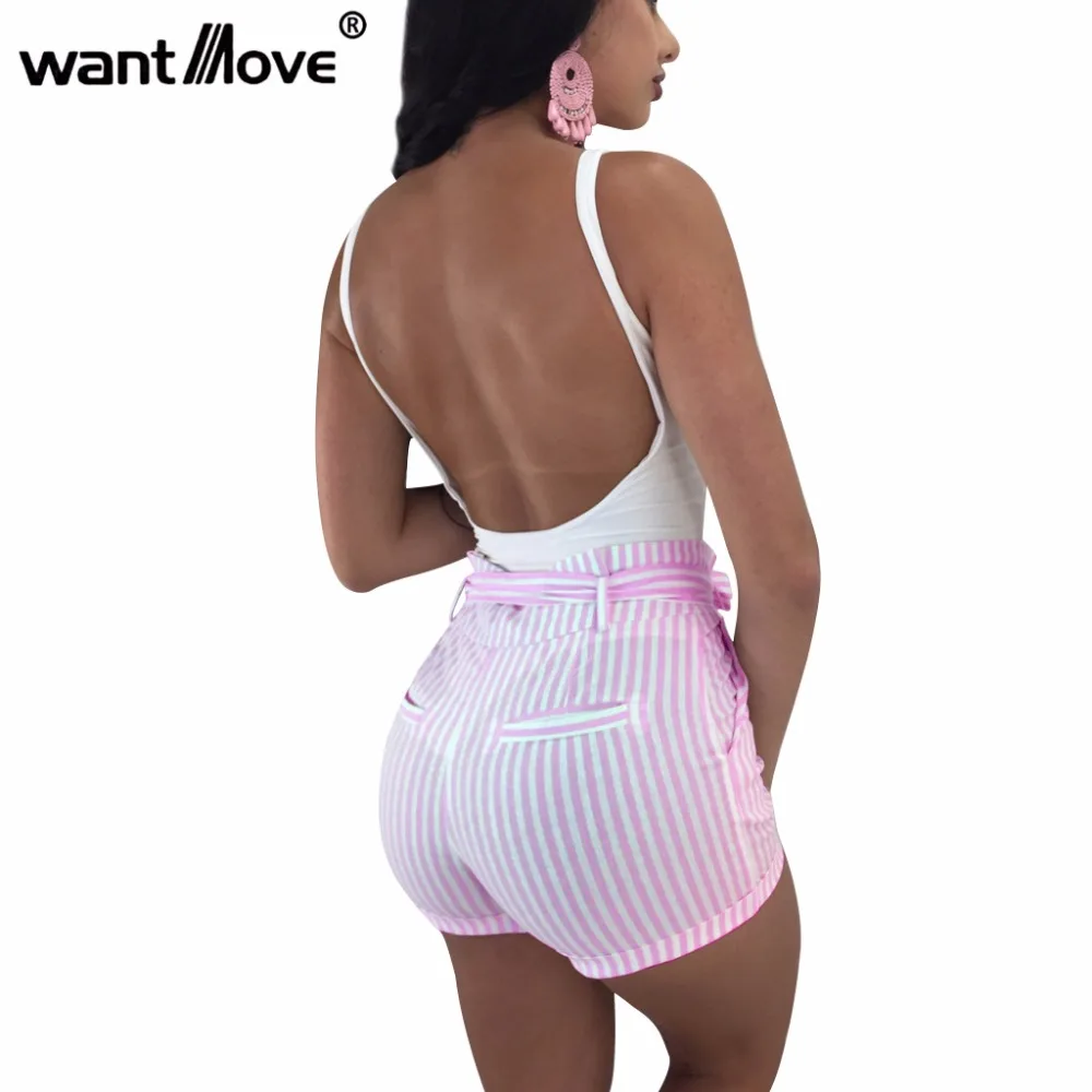 Wantmove 2018 летние модные сексуальные женские шорты с высокой талией полосатые повседневные галстуком бабочкой