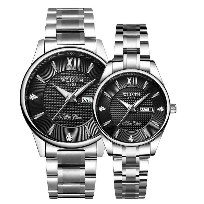 Steel Silver Black Пара Наручные часы Высокое качество Топ Марка wlisth Бизнес часы для Для мужчин час Для женщин часы с двойным календарем женские часы для влюбленных - Цвет: Steel Silver Black