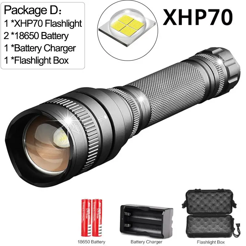 Package D 5000лм фонарик XHP70 Тактический супер яркий светодиодный фонарь, масштабируемый фонарь, 5 режимов, аккумулятор 18650 для кемпинга, пешего туризма - Испускаемый цвет: Package D