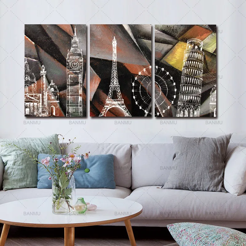 Картина на холсте настенная живопись 3 панели печать абстрактных зданиях дома