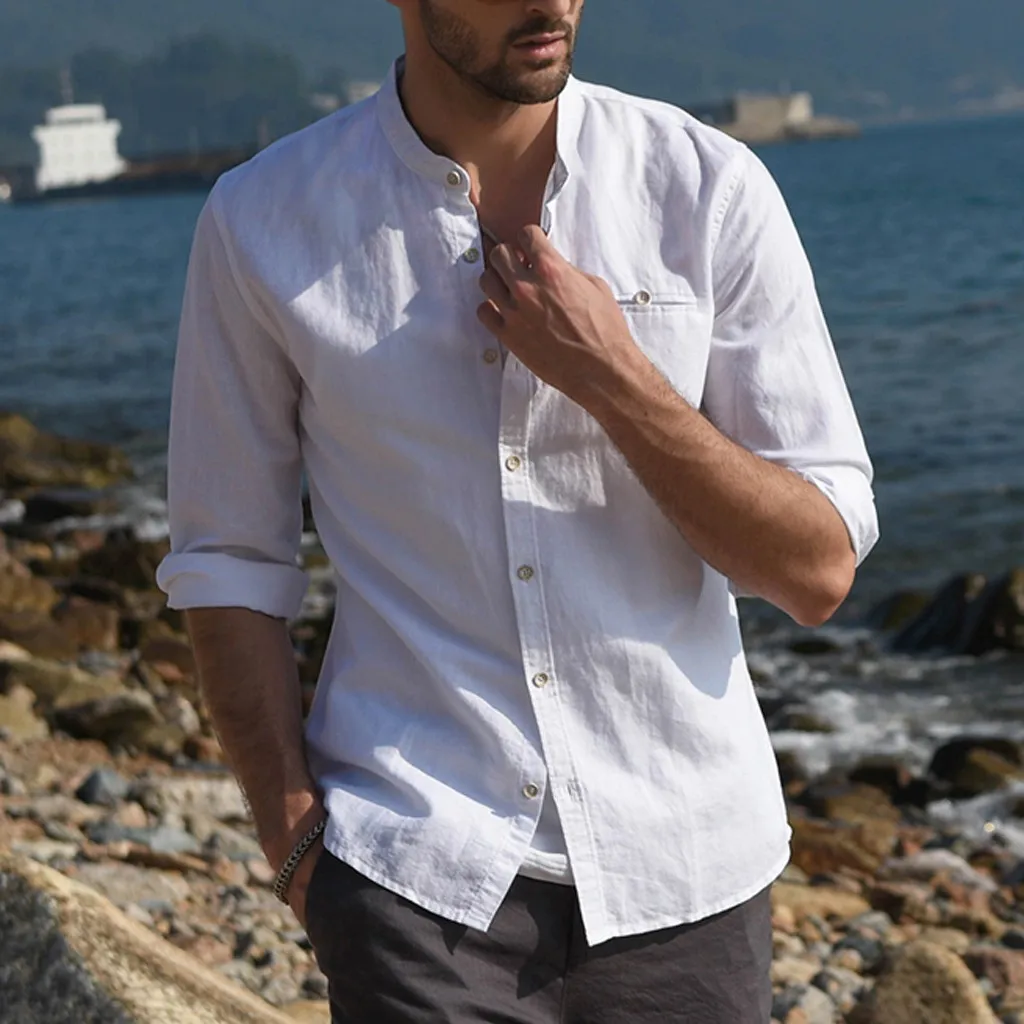 Мужская рубашка летняя хлопковая льняная с карманами три четверти|Повседневные