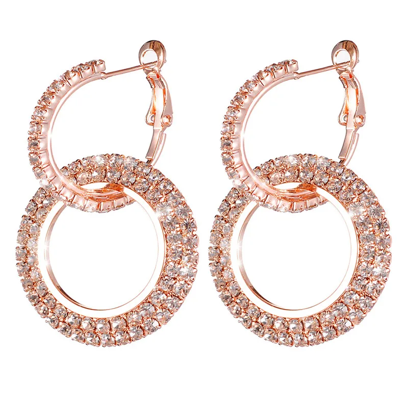 1 Pair Two Round Elegant Luxury Glitter Rhinestone Ear Stud Earrings Crystal Drop Dangle Women For Girl Fashion | Украшения и