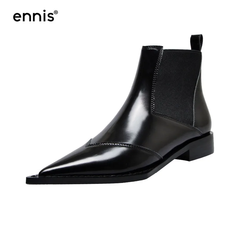 Black ENNIS/ г. черные ботинки «Челси» женские ботильоны с острым носком Осенняя обувь из натуральной кожи на низком каблуке Модные женские ботинки на плоской подошве, A913 - Цвет: Black