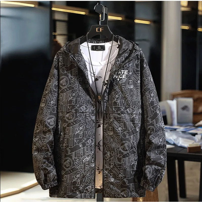 

Plus size 7XL 8XL 9XL 10XL men jacket Spring autumn hooded Casual coat mens Pattern print Windbreaker Male loose outerwear