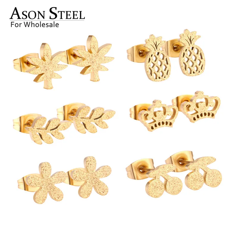 Набор серег ASONSTEEL золотые короны цветы скраб 6 пар/кор. из нержавеющей стали