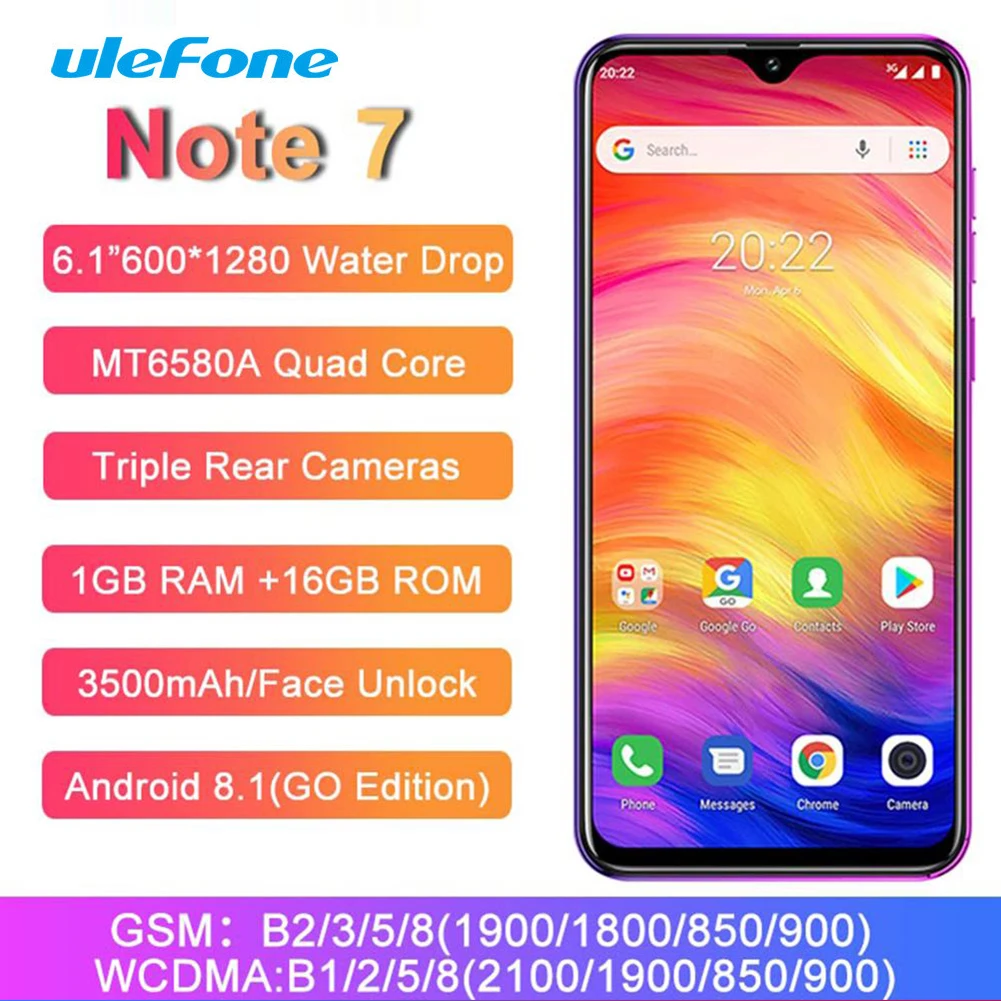 Смартфон Ulefone Note 7 6 1 дюймов четырехъядерный процессор MT6580A 3500 мАч ГБ ОЗУ 16 Гб ПЗУ