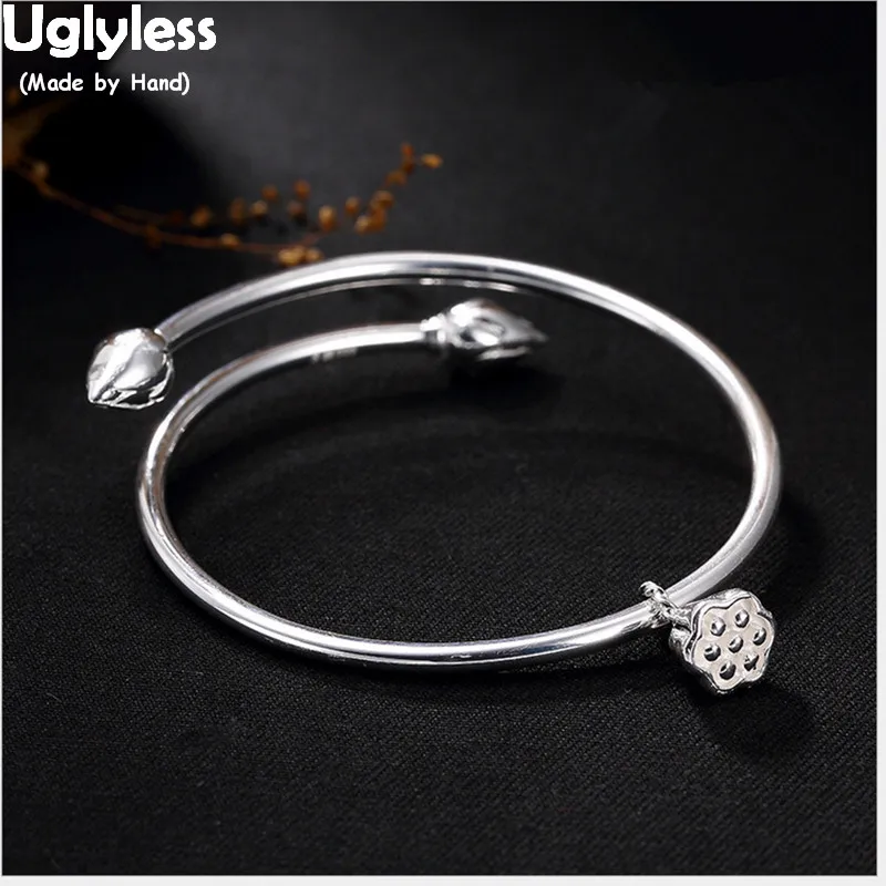 

Uglyless Real 999 Fine Silver Bangle Lovely Lotus Charms Women Bangles Handmade Engraved Floral Fine Jewelry China Ethnic Bijoux