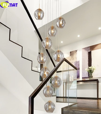 Gray FUMAT MODO Ball Glass Spiral Staircase Villa Ceiling Lamps LED Stair Lamp Light Penthouse Chandeliers Cognac Gray Blue Fixture - Цвет абажура: Gray