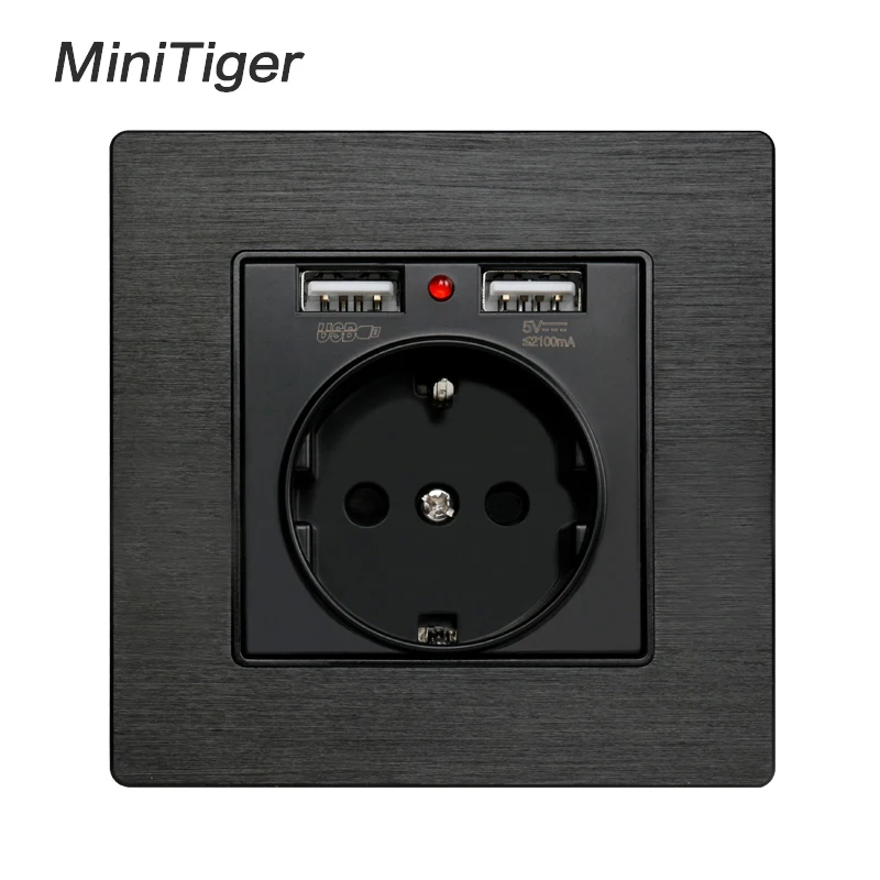 Черная алюминиевая металлическая панель Minitiger с двумя USB портами для зарядки а 16 А