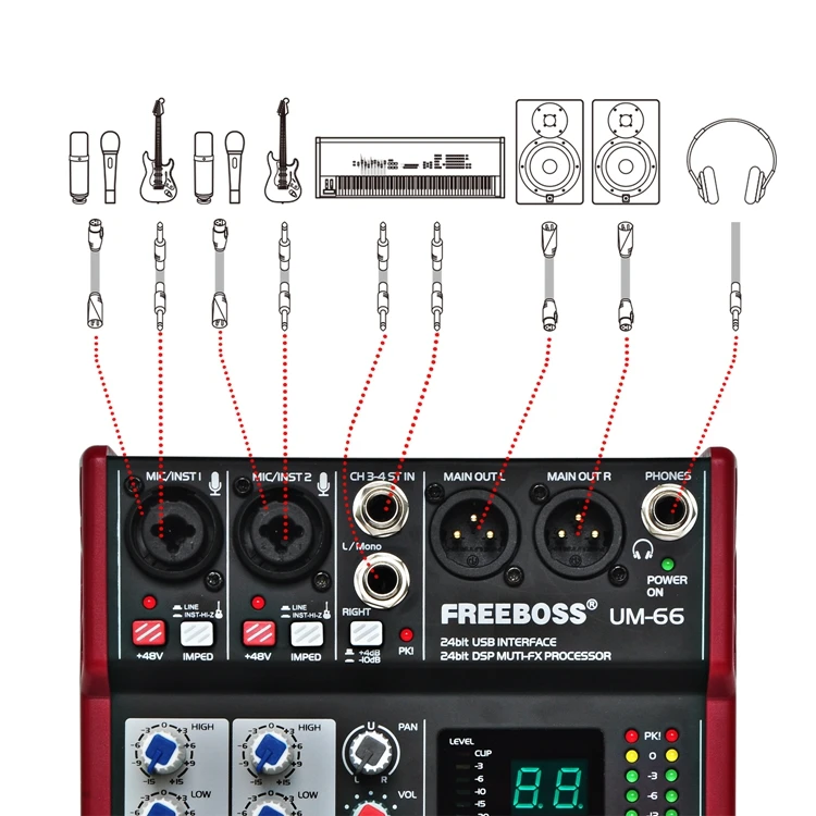 Freeboss UM-66, 4 канала, 16 цифровых эффектов, 24 бит, Dsp процессор, звуковая карта(пластина зала, задержка эха), аудио микшер
