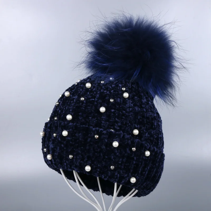 Mink Pom navy hat Женская шенилловая зимняя шапка с лисьим помпоном очень мягкая Высококачественная полосатая самодельная дизайнерская женская модная зимняя Шапка-бини - Цвет: Mink Pom navy hat